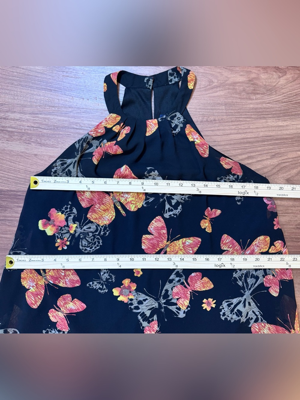 One Clothing Butterfly Black Halter Mini Dress with Pink & Yellow Print size LG - Picture 10 of 10